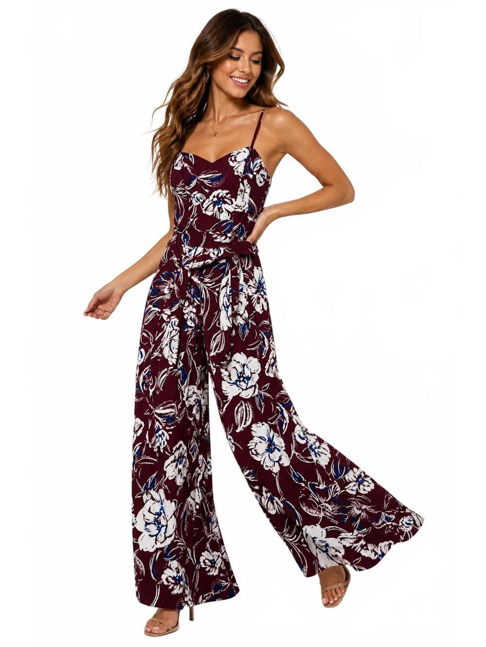 Emerald Sundae Burgundy Floral Wide Leg Jumpsuit – Size Small